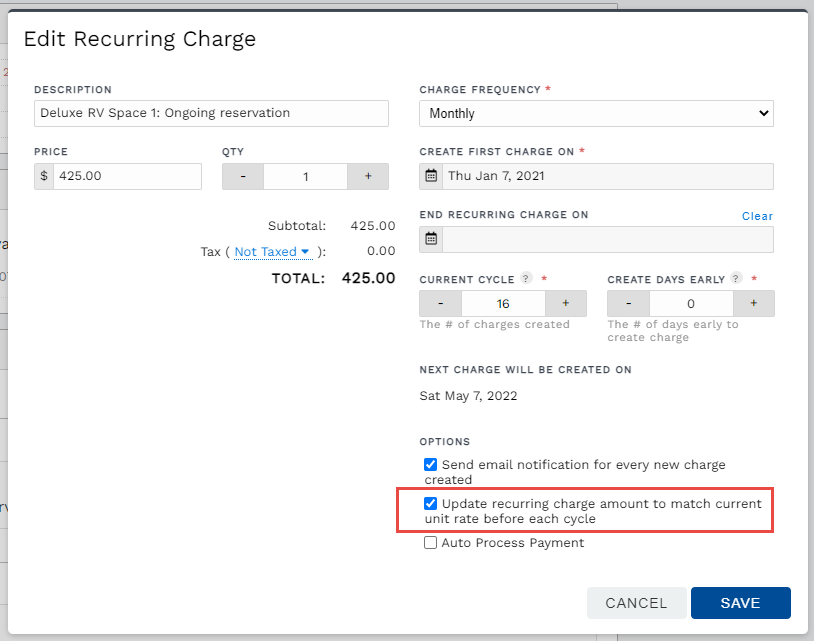 Update recurring charge amount from rates